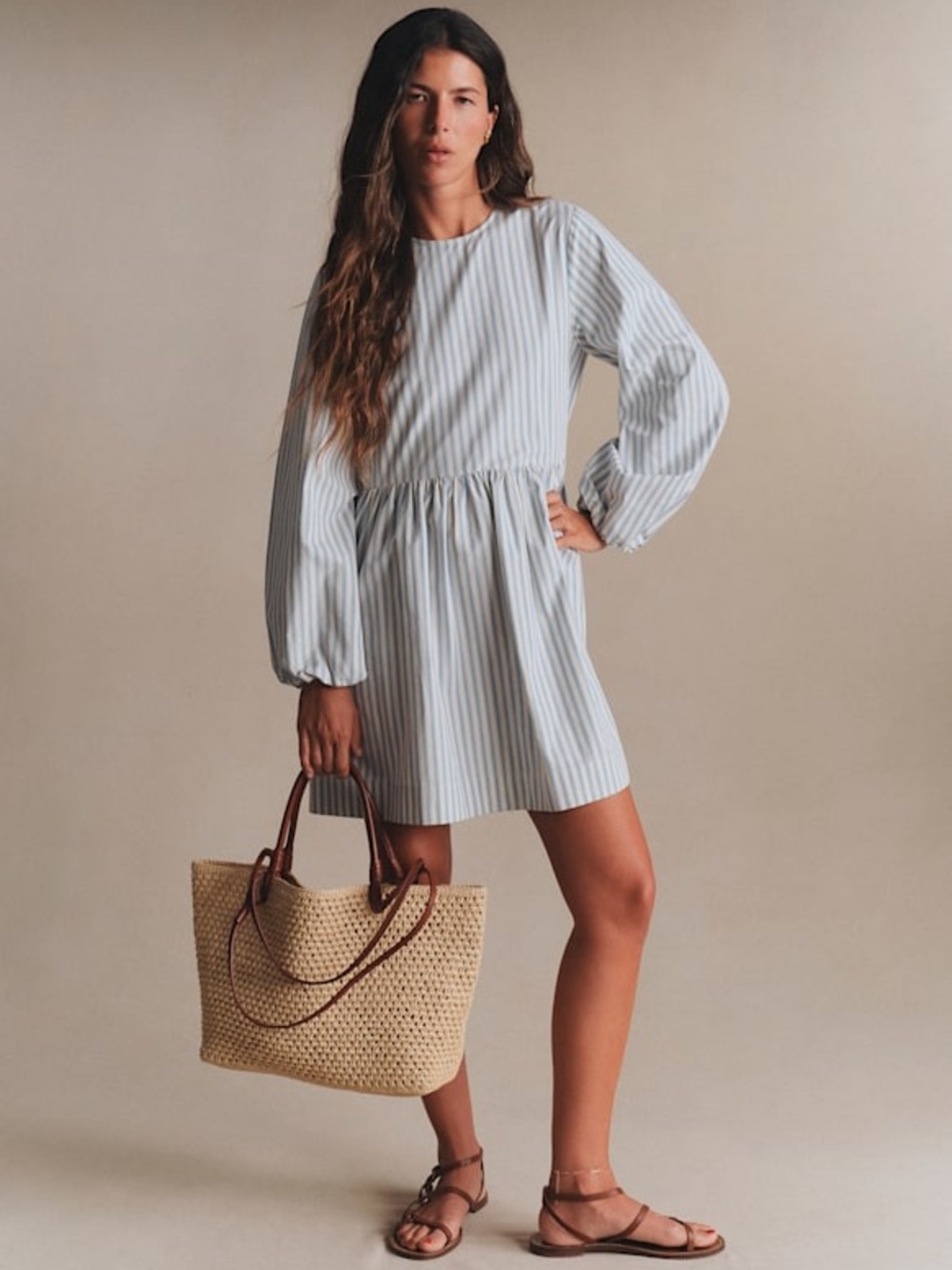 Sezane Blue & ecru Striped Balloon-Sleeve Midi Dress
